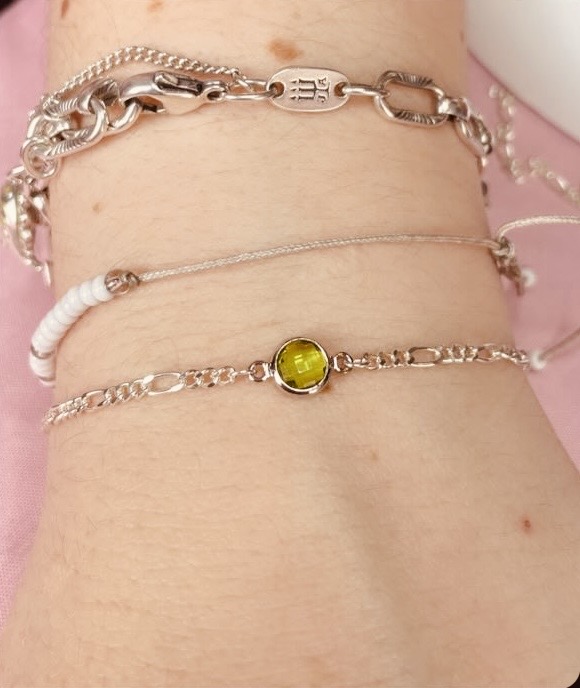 Silver bracelet stack with green stone