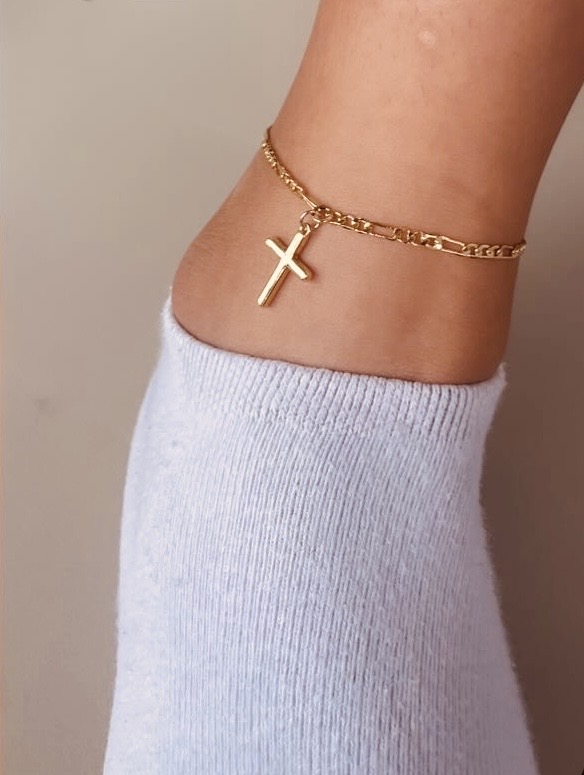 Gold figaro anklet with cross charm